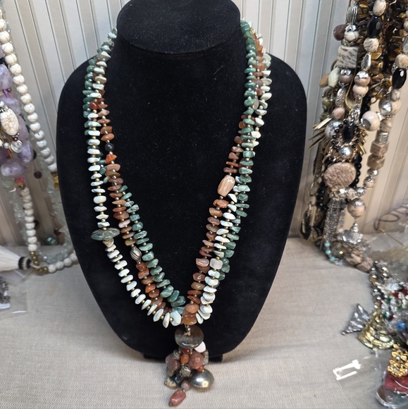 STONE Chunky Statement Necklace. Ocean Jasper, Carnelian Green Adventurine VTG - Picture 2 of 12